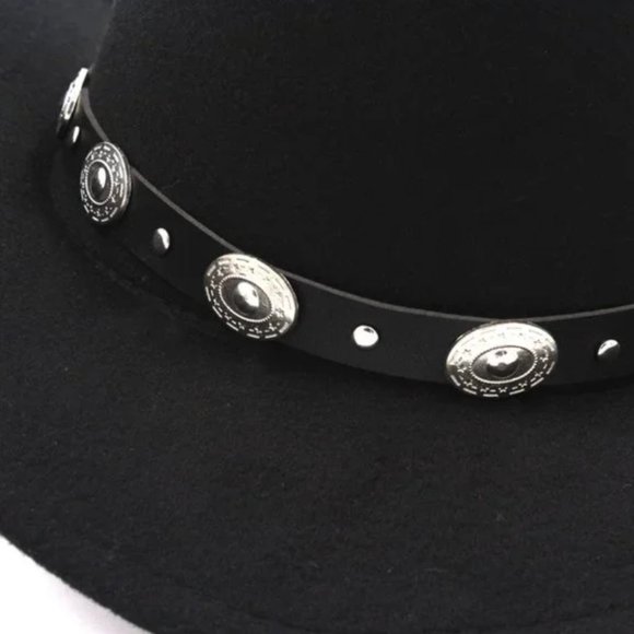 NEW Black Silver Concho Leather Band Embellished Felt Cowboy Cowgirl Wes main image 8